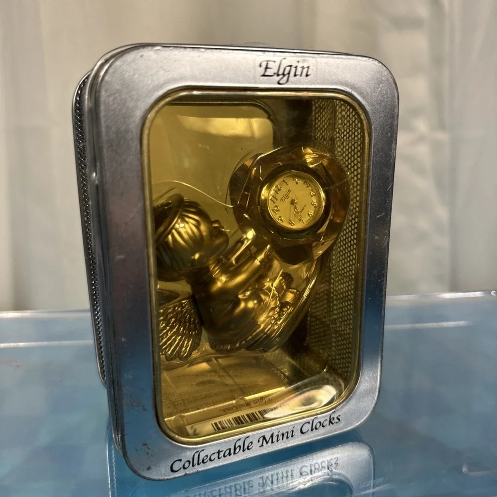 Elgin Collectible Mini Clock Angel Quartz New Gold Tone Never Opened Stone Heart